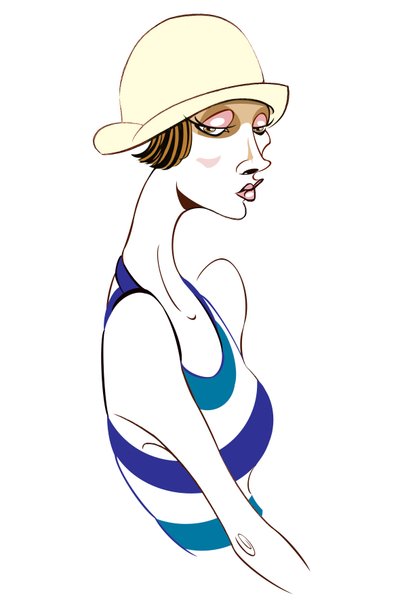 Model in cloche hat and blue striped top by Neale Osborne